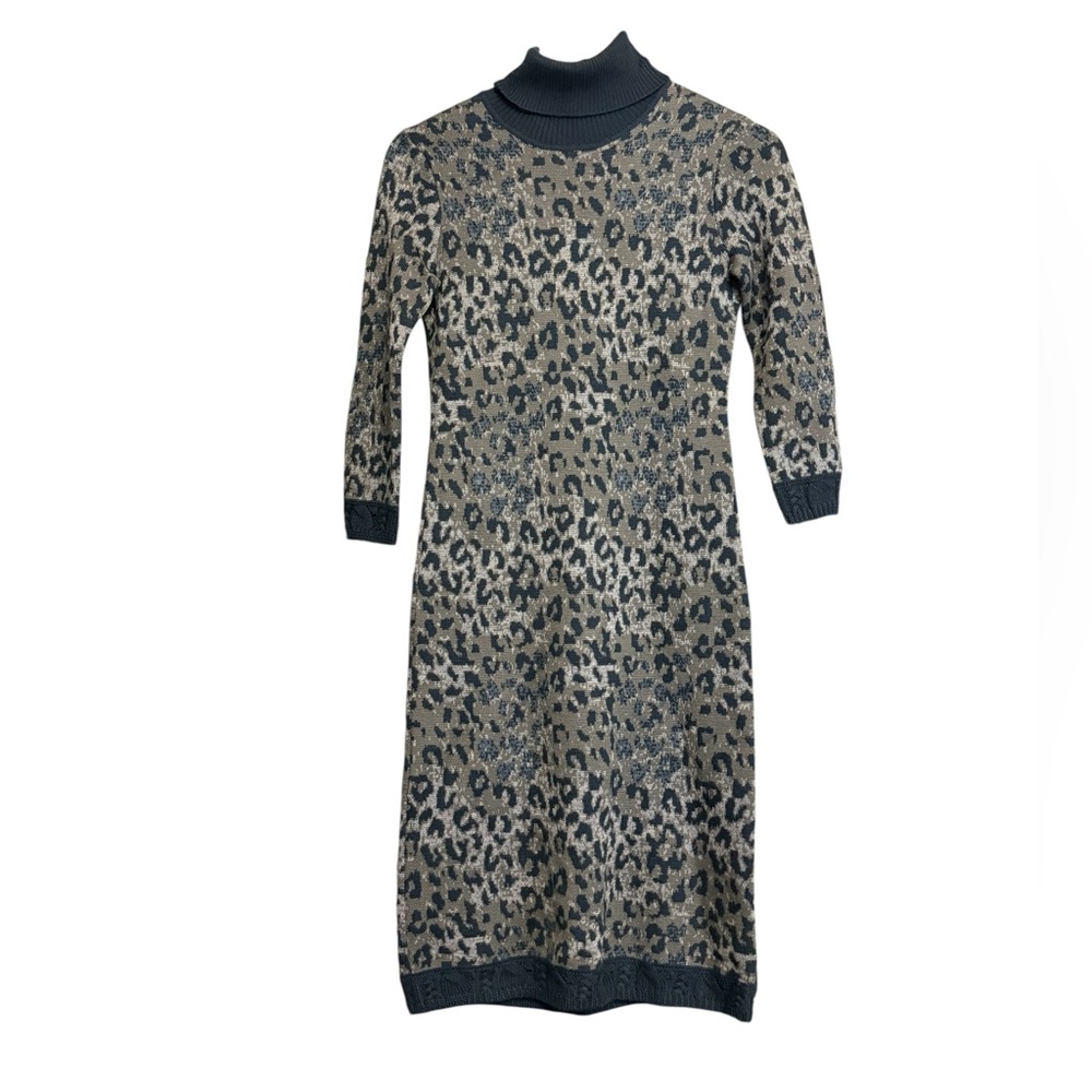 Vintage Worth Leopard Print 100% Wool Knit Turtleneck Sweater Dress XS